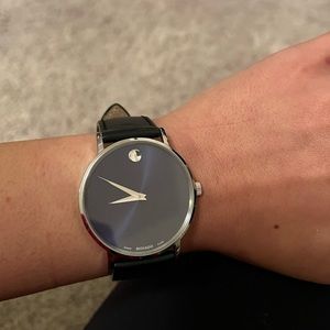 Movado Classic Black Leather Strap Silver and Blue Face Watch, Swiss Made
